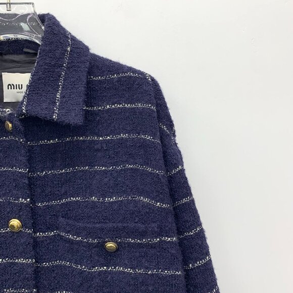 Miu Miu Deep Blue Striped Wool Blend Long-Sleeved Jacket Coat Sz 36 XS Made In I - Picture 3 of 8